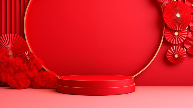 3d podium background themed chinese new year.Red background for Chinese lunar new year concept.