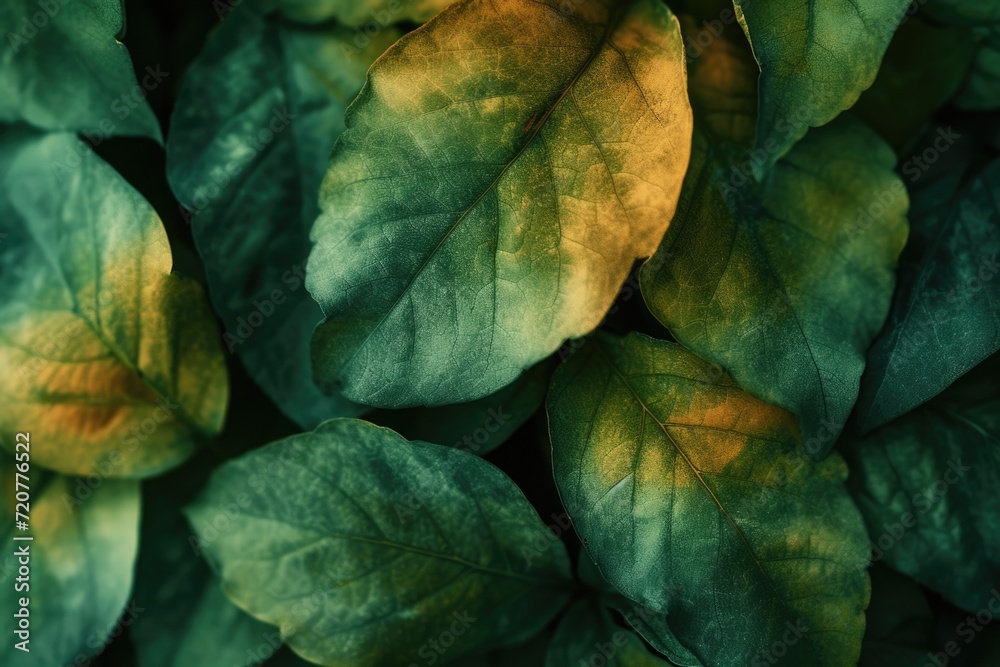 Poster a close-up view of a bunch of vibrant green leaves. suitable for nature-themed projects and environm