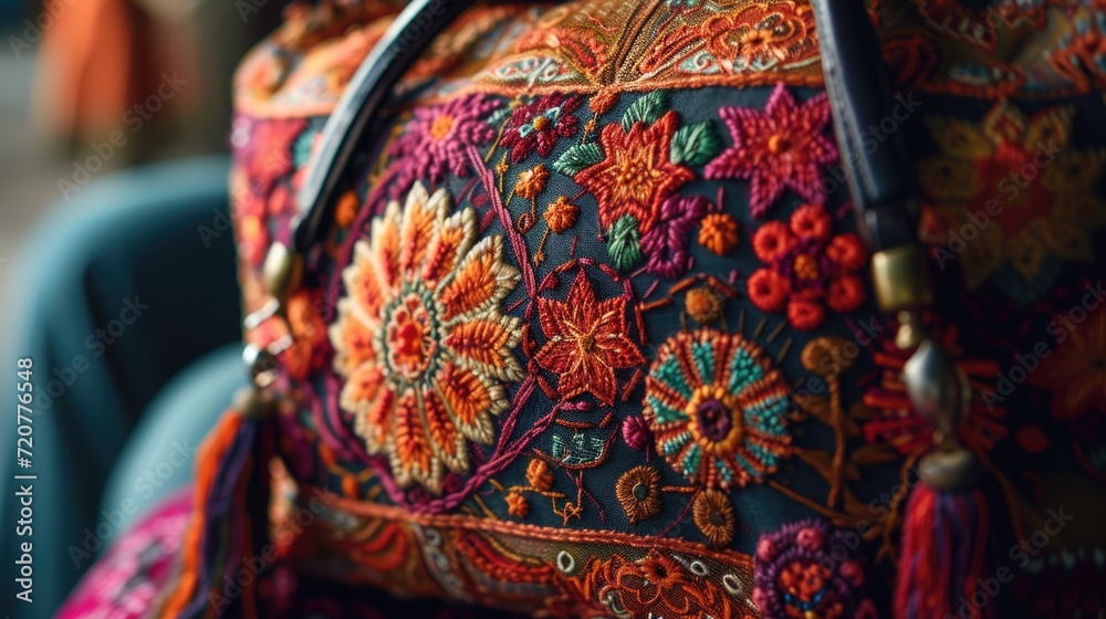 Poster a detailed view of a purse placed on a chair. this image can be used to showcase fashion accessories