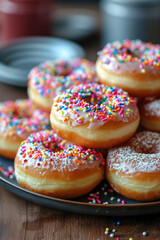 Obraz na płótnie Canvas Donuts with powdered sugar glaze and colorful sprinkles arranged on a plate in a pyramid