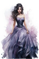 Watercolor beautiful woman in a dark dress on a white background