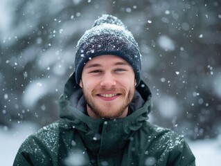 Handsome man with a warm smile wearing a knitted beanie, standing in the snow
