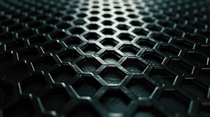 Abstract metallic hexagon grid background with sharp focus and reflective surface