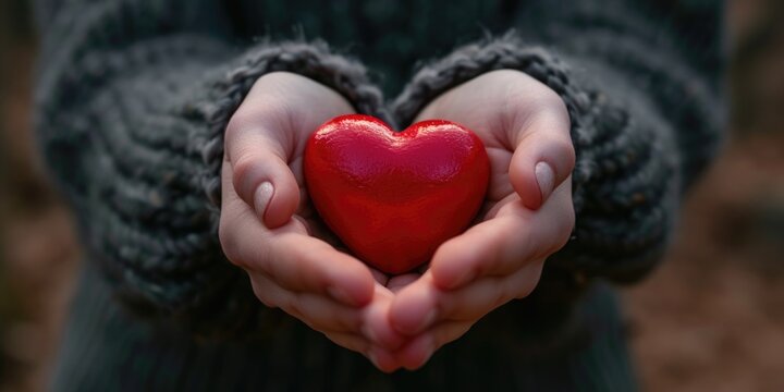 A person holds a red heart in their hands. This image can be used to convey love, affection, or caring emotions. It can also be used in contexts related to Valentine's Day