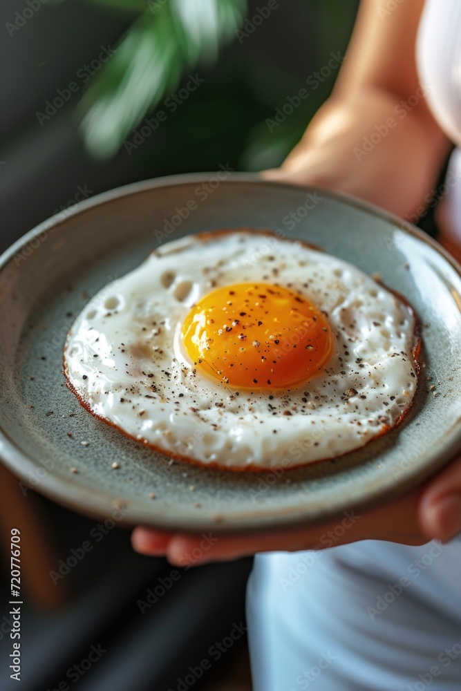 Poster a person holding a plate with an egg on it. perfect for food-related designs and concepts