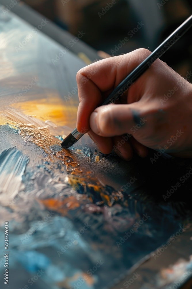 Poster A close-up view of a person using a brush to paint. This image can be used to depict creativity, art, hobbies, or the process of painting