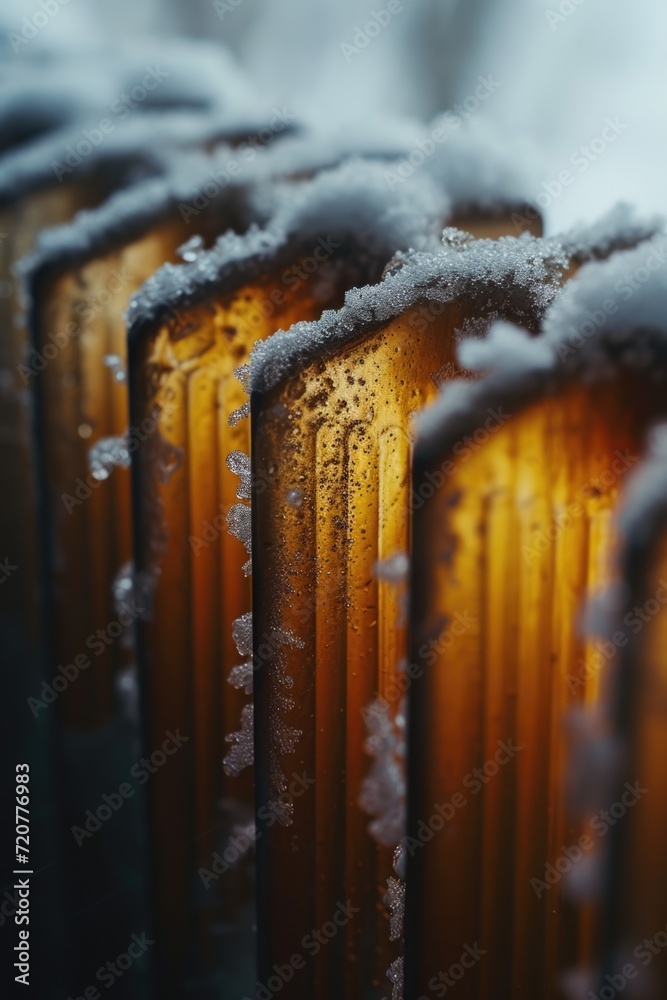 Poster a row of beer bottles covered in snow. perfect for winter-themed designs and advertisements