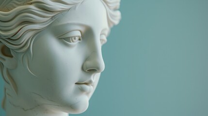 A detailed close-up of a statue depicting the face of a woman. Suitable for use in art, history, or cultural projects