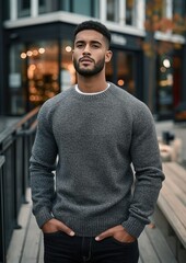 Fototapeta premium Confident man in a well-fitted grey sweater poses with self-assurance against an urban backdrop. His strong posture and determined facial expression embody the latest trends in menswear fashion