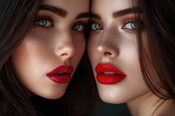 Two beautiful women with red lipstick looking at each other. Suitable for fashion, beauty, and cosmetics themes