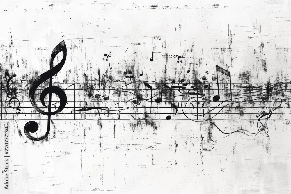 Poster a black and white photo of music notes. perfect for music enthusiasts or for use in music-related pr