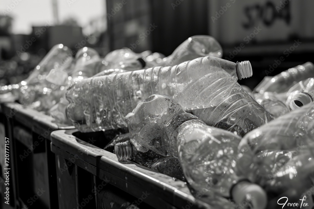 Aufkleber a black and white photo capturing the image of empty plastic bottles. suitable for environmental awa