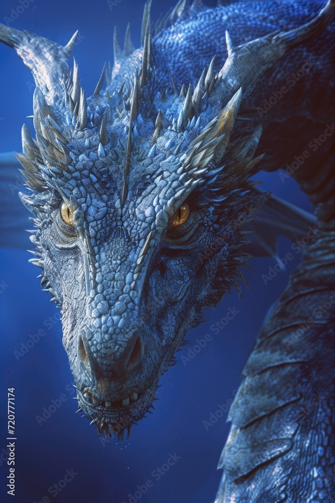 Poster a detailed close-up of a dragon's head against a vibrant blue background. this image can be used to 