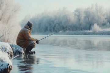 A man is seen fishing on a frozen lake. This picture can be used to depict winter activities or the tranquility of nature - obrazy, fototapety, plakaty