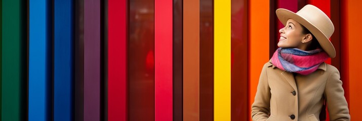 Happy young woman standing by a vibrant and colorful wall with plenty of space for text or design