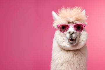 Fotobehang A cute white alpaca llama in fashionable pink glasses with a smile and fluffy bangs, isolated on a pink background, using copyspace. Generative Al © Ирина Горбунова