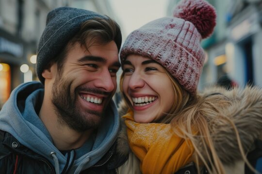 A picture capturing a genuine smile between a man and a woman. Perfect for expressing happiness and positivity. Ideal for advertising, social media, and relationship-themed projects