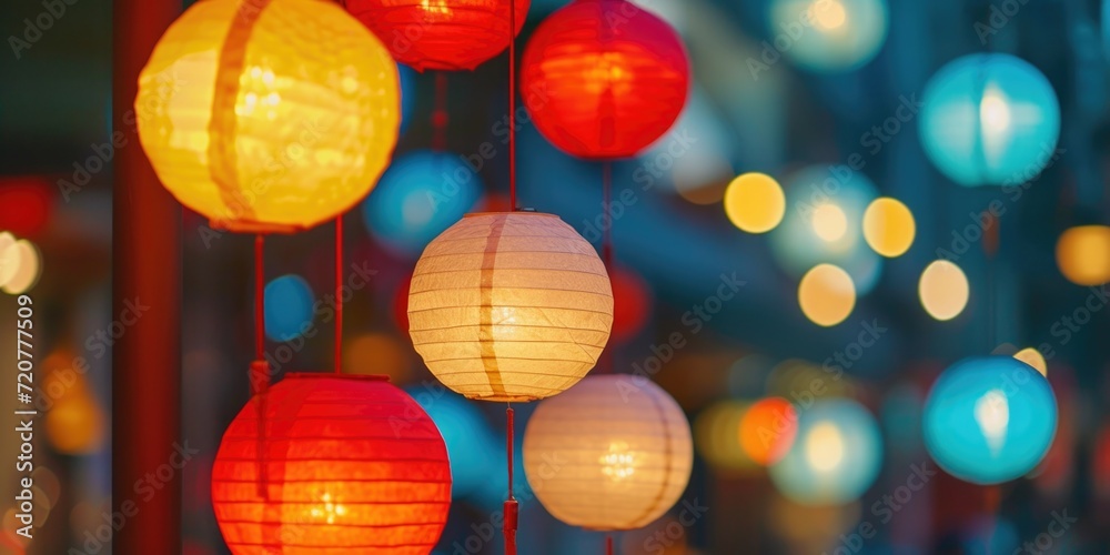 Aufkleber a group of paper lanterns hanging from a pole. can be used for festive decorations or as a colorful 