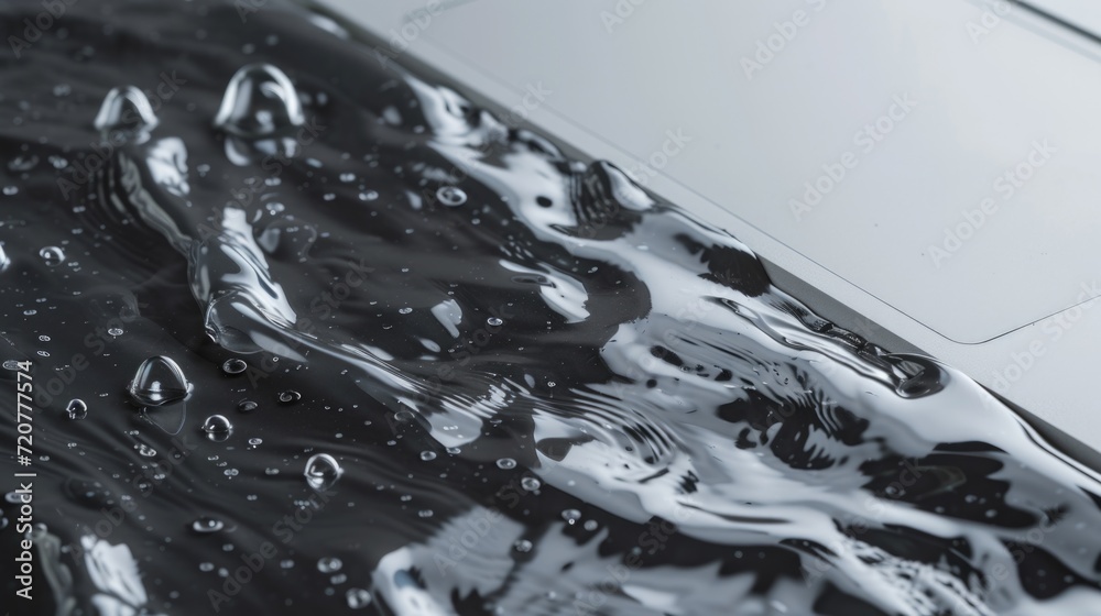 Poster A laptop computer placed on top of a table covered in water. Versatile image suitable for illustrating technology, water damage, or the need for waterproof devices