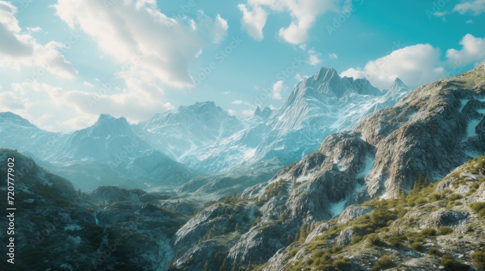 Poster a scenic view of a mountain range against a beautiful sky background. perfect for nature enthusiasts
