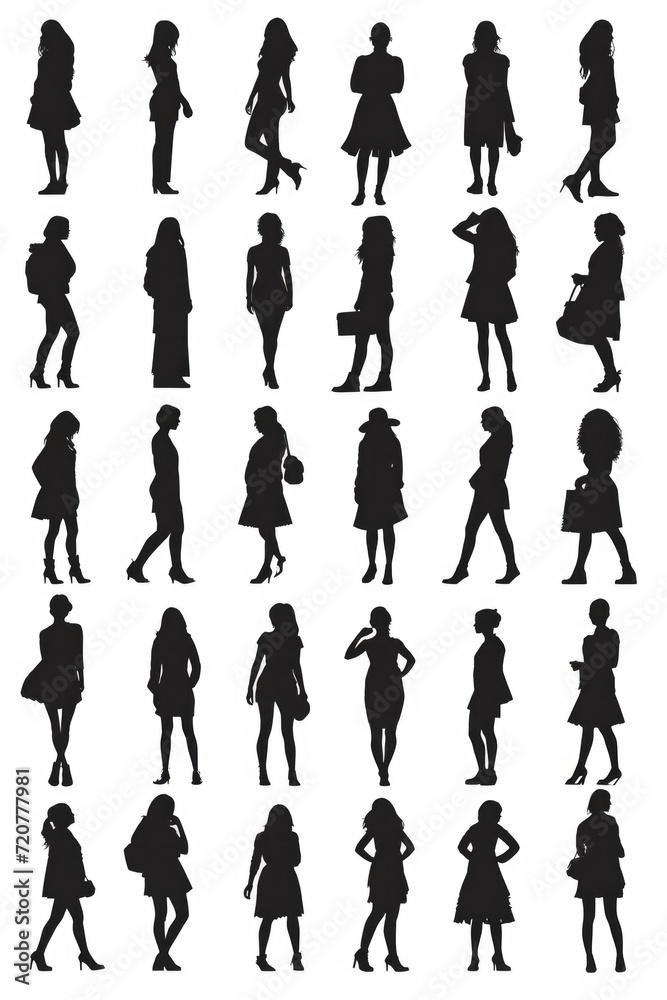 Poster A collection of silhouettes featuring women carrying shopping bags. Ideal for marketing, advertising, and fashion-related projects