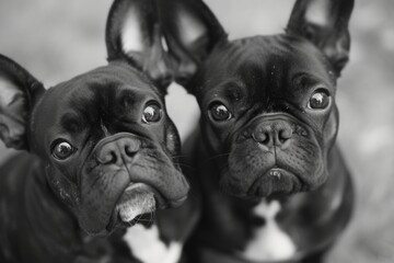Two black and white dogs staring directly at the camera. This image can be used for pet portraits or animal-themed designs - obrazy, fototapety, plakaty