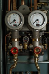 A couple of gauges mounted on a wall. Perfect for industrial and mechanical concepts