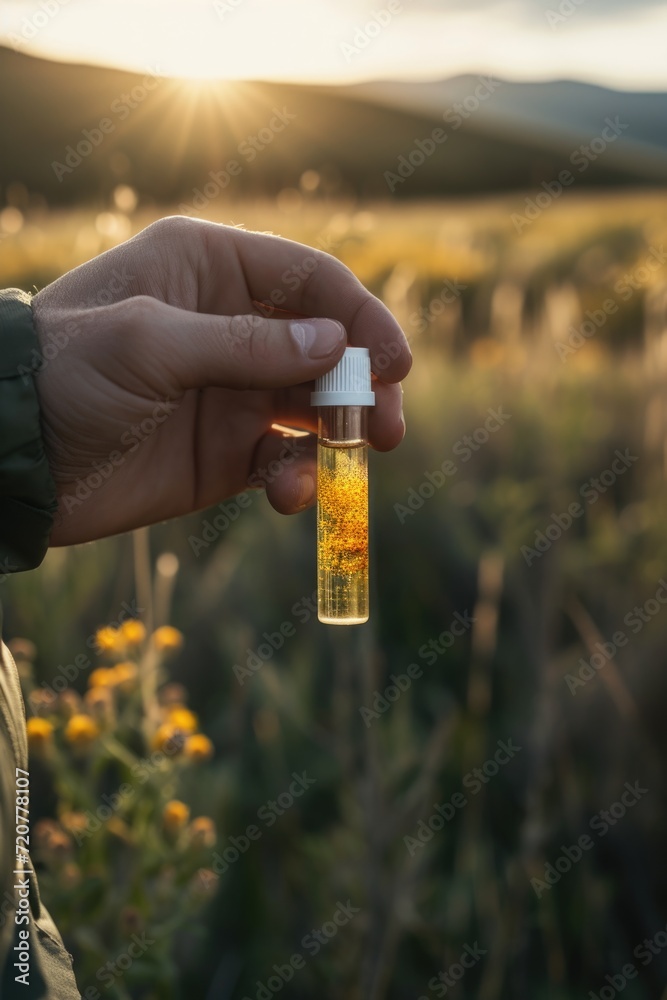 Aufkleber a person is seen holding a bottle of liquid in a scenic field. this image can be used for various pu
