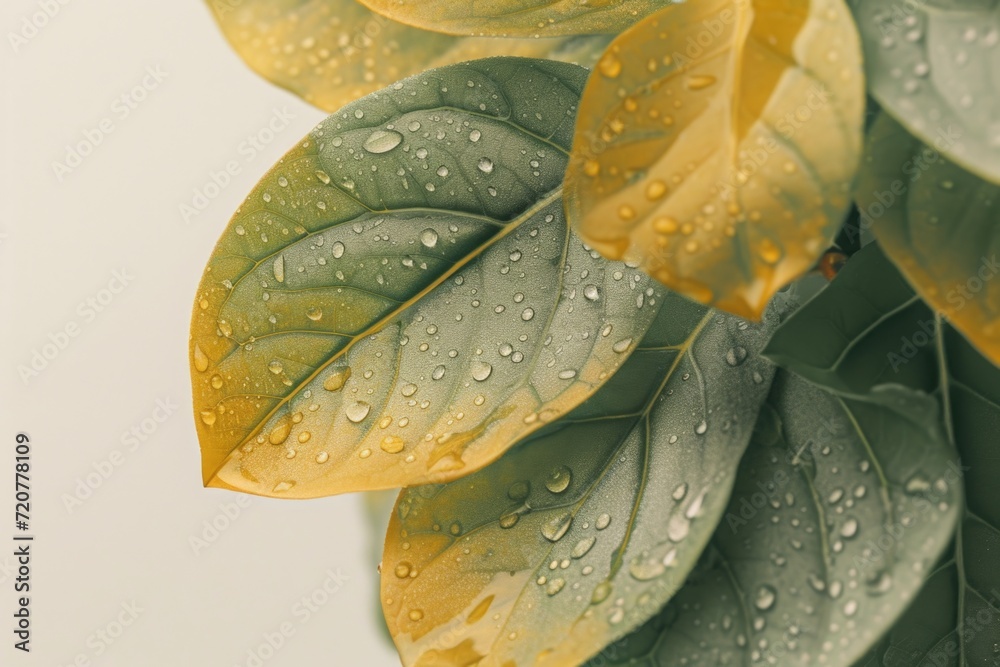 Poster a detailed view of a plant covered in glistening water droplets. perfect for adding a touch of natur