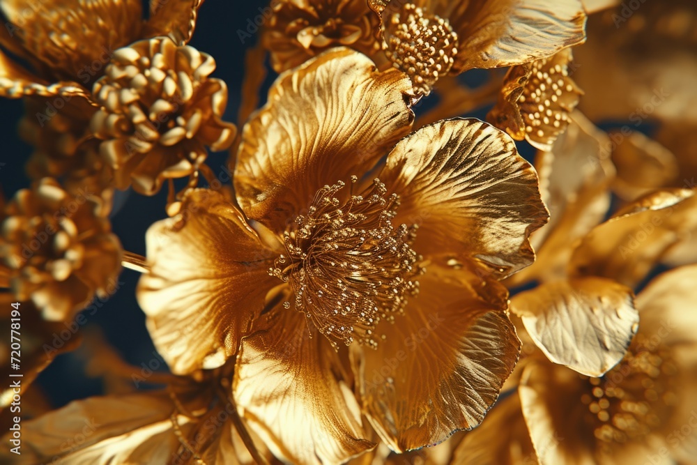 Poster A close-up view of a bunch of gold flowers. This image can be used to add a touch of elegance and beauty to various projects
