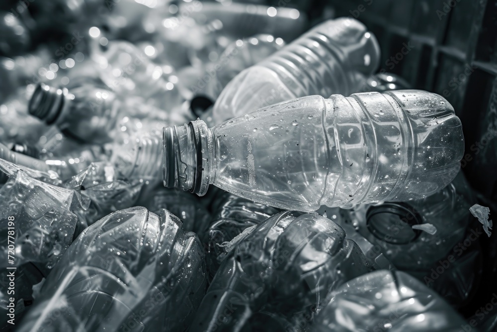 Poster a black and white photo capturing the emptiness of plastic bottles. perfect for illustrating the iss