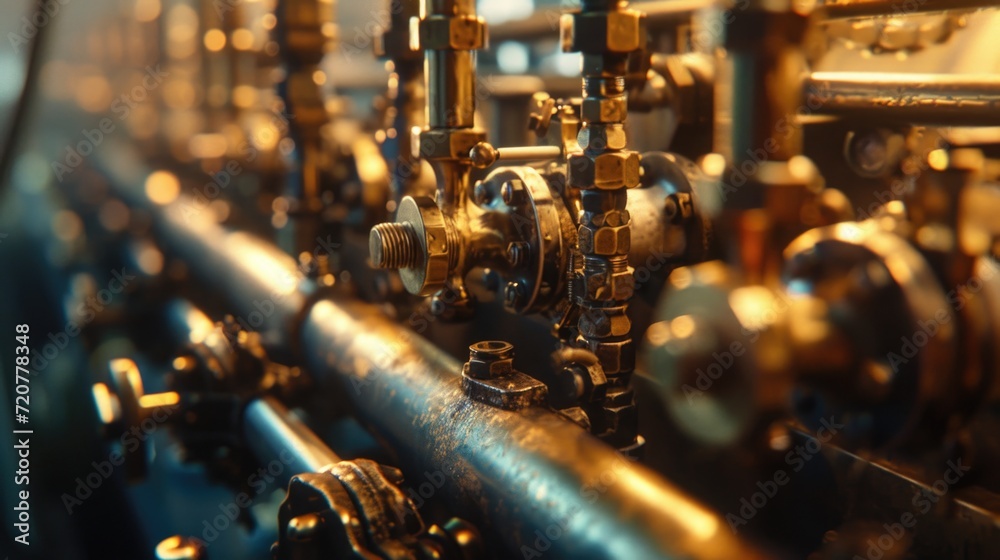 Poster a detailed view of pipes and valves. this image can be used to illustrate industrial processes or pl