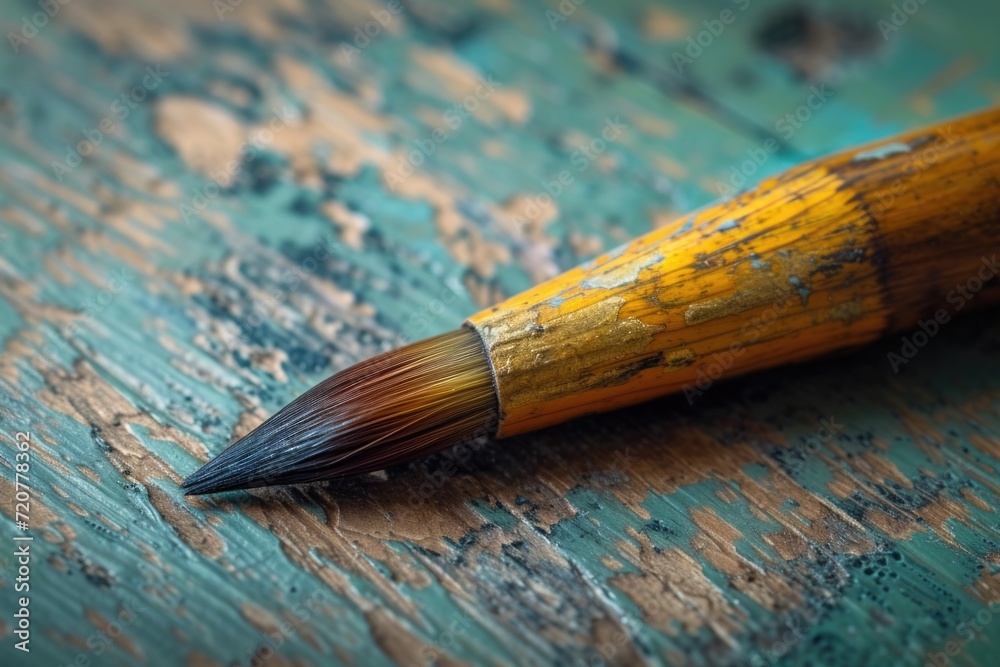 Poster a detailed close up of a paint brush resting on a smooth wooden surface. perfect for artistic or diy