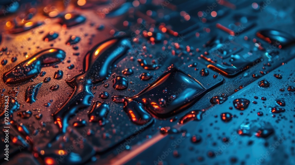 Poster Water droplets captured in a close-up view on a surface. Suitable for various applications