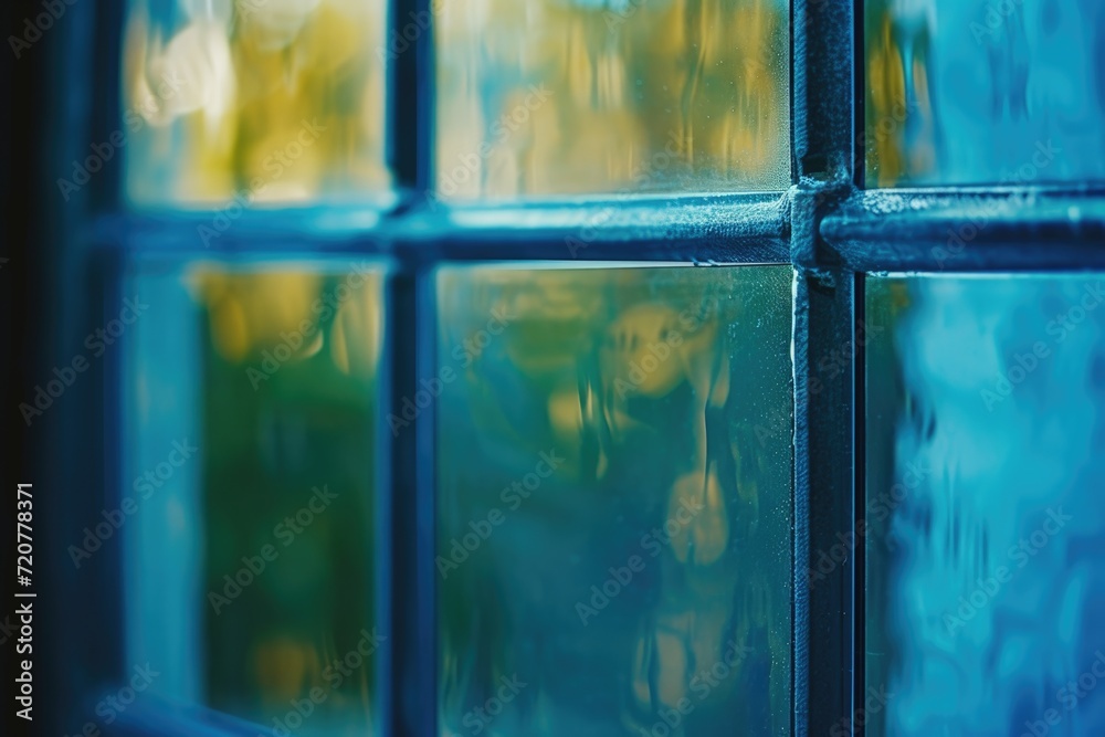 Poster A detailed close-up view of a window with a blue glass pane. This image can be used to add a touch of color and uniqueness to any design or project