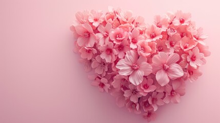 A heart-shaped arrangement of pink flowers on a pink background. Perfect for romantic occasions or expressing love