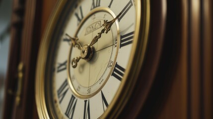 A detailed close-up of a clock with classic Roman numerals. Perfect for time-related concepts and designs
