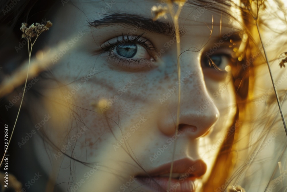 Aufkleber a close-up view of a person with freckles on their face. this image can be used for various purposes
