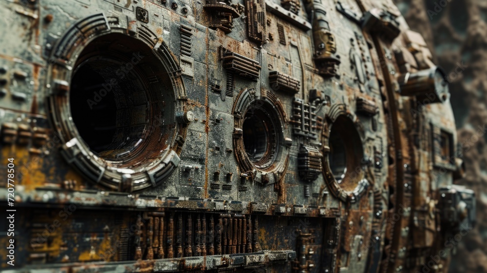 Poster a detailed view of a metal structure with numerous holes. ideal for industrial, construction, or eng