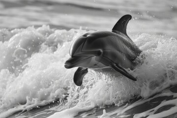 A black and white photo capturing a majestic dolphin riding a wave. Perfect for nature enthusiasts and ocean lovers