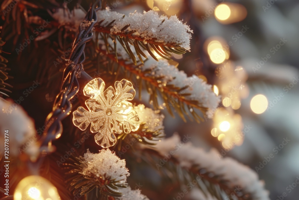 Poster A detailed view of a Christmas tree with twinkling lights. Perfect for adding a festive touch to any holiday-themed project