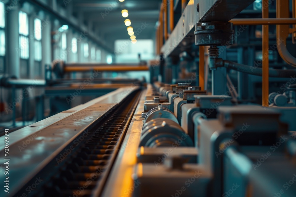 Aufkleber A picture of a conveyor belt in a factory with multiple machines. This image can be used to showcase industrial production and manufacturing processes