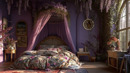 Fototapeta na wymiar A bed canopy in a whimsical fairy tale print, set in a room with walls in a magical violet