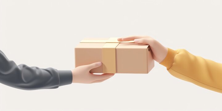 A person is seen handing a box to another person. This image can be used to depict gift-giving, teamwork, or collaboration.