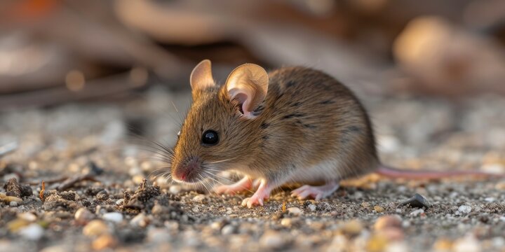A small mouse sitting on the ground. Can be used to depict rodents, wildlife, or nature themes