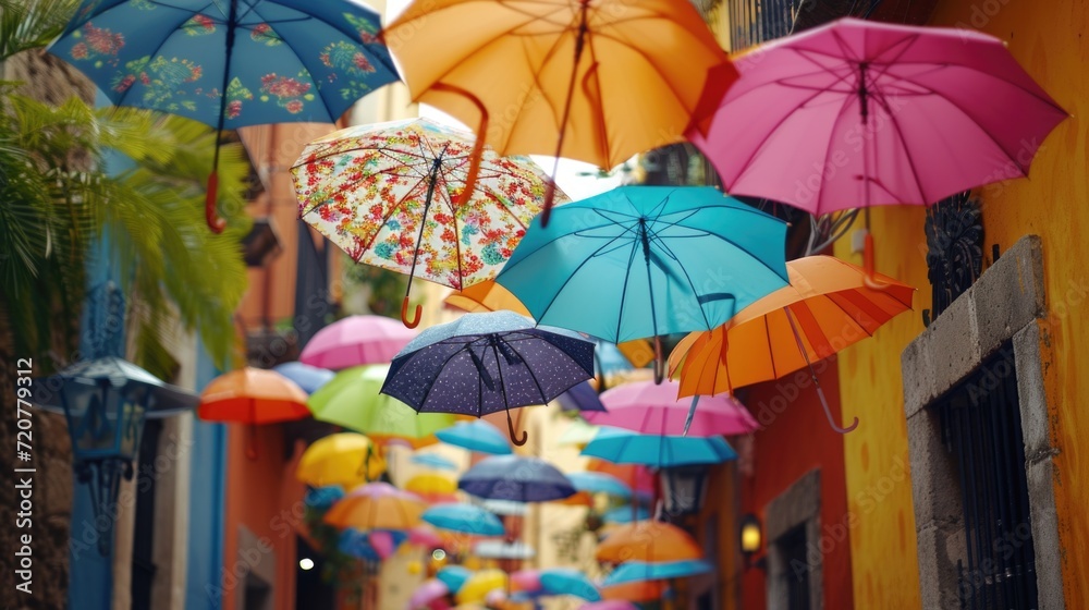 Poster Colorful umbrellas hanging from the side of a building. Perfect for adding a vibrant touch to any urban scene or for illustrating protection against the elements