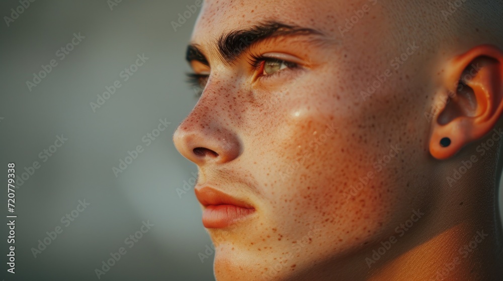 Sticker A detailed close-up of a person's face with noticeable freckles. This image can be used to depict natural beauty, diversity, or skincare