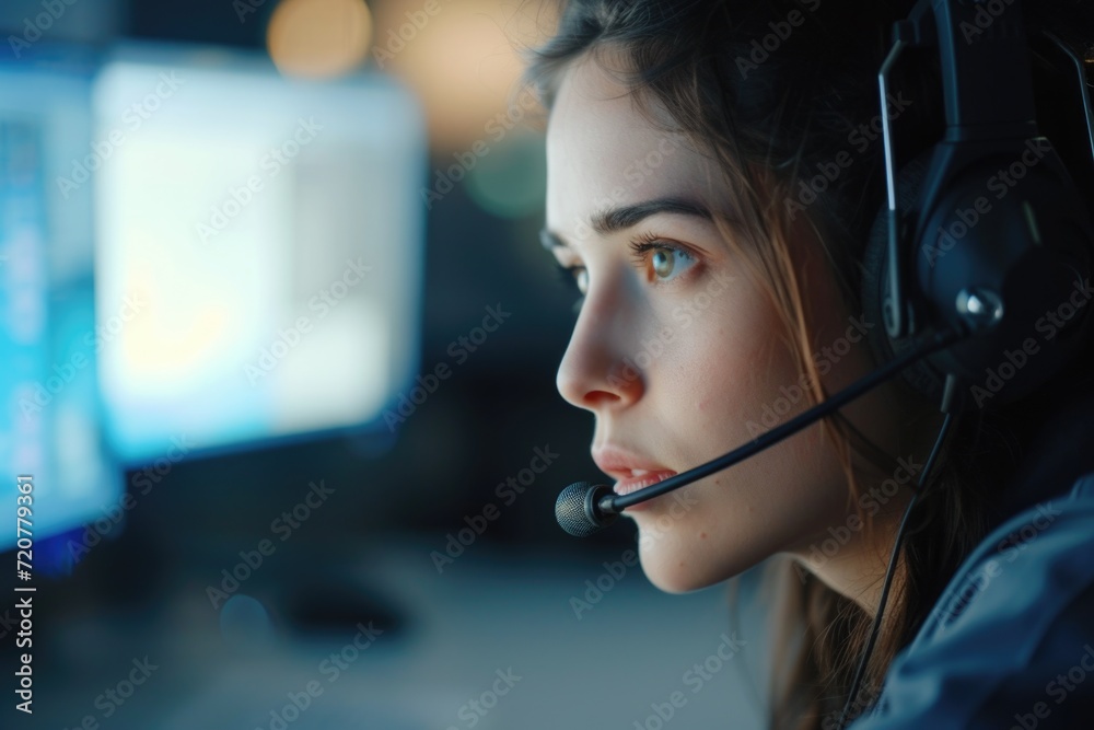 Aufkleber A woman wearing a headset sits in front of a computer, ready to assist with customer service or technical support. This versatile image can be used in various professional settings