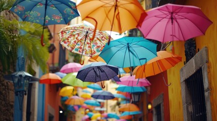 Colorful umbrellas hanging from the side of a building. Perfect for adding a vibrant touch to any urban scene or for illustrating protection against the elements