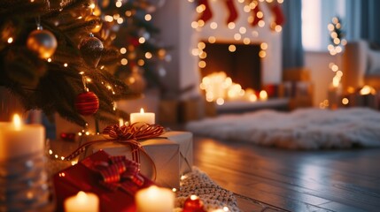 A cozy living room with a beautifully decorated Christmas tree and flickering candles. Perfect for creating a warm and festive atmosphere during the holiday season